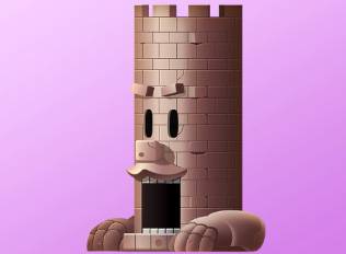A Kirby Air Riders License Card Sticker of a castle tower with a face and arms