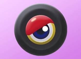 A Kirby Air Riders License Card Sticker of a wheel with an eye in the center