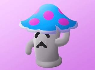 A Kirby Air Riders License Card Sticker of a poison mushroom with a sad face.