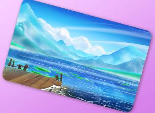 A Kirby Air Riders License Card Theme of a dock overlooking a big pond