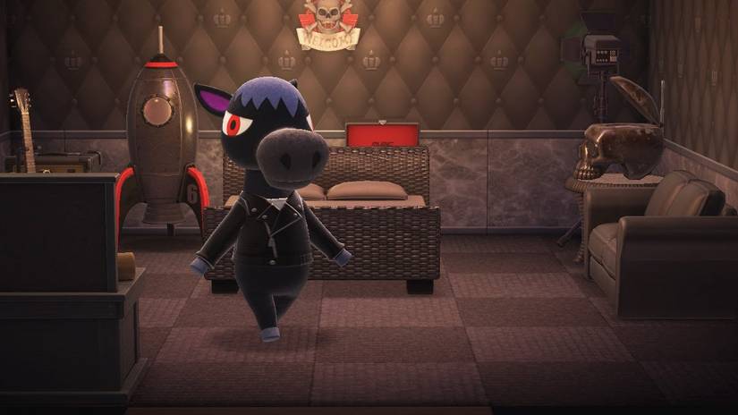 A screenshot of Roscoe walking through his house in Animal Crossing: New Horizons