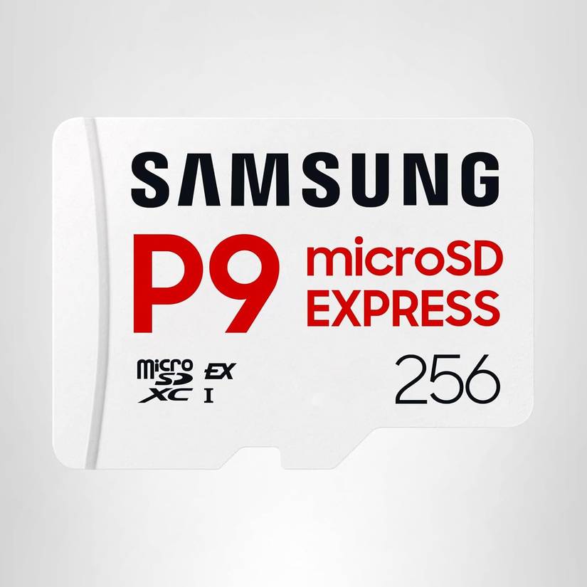 A Samsung MicroSD Express card sits on a white background.