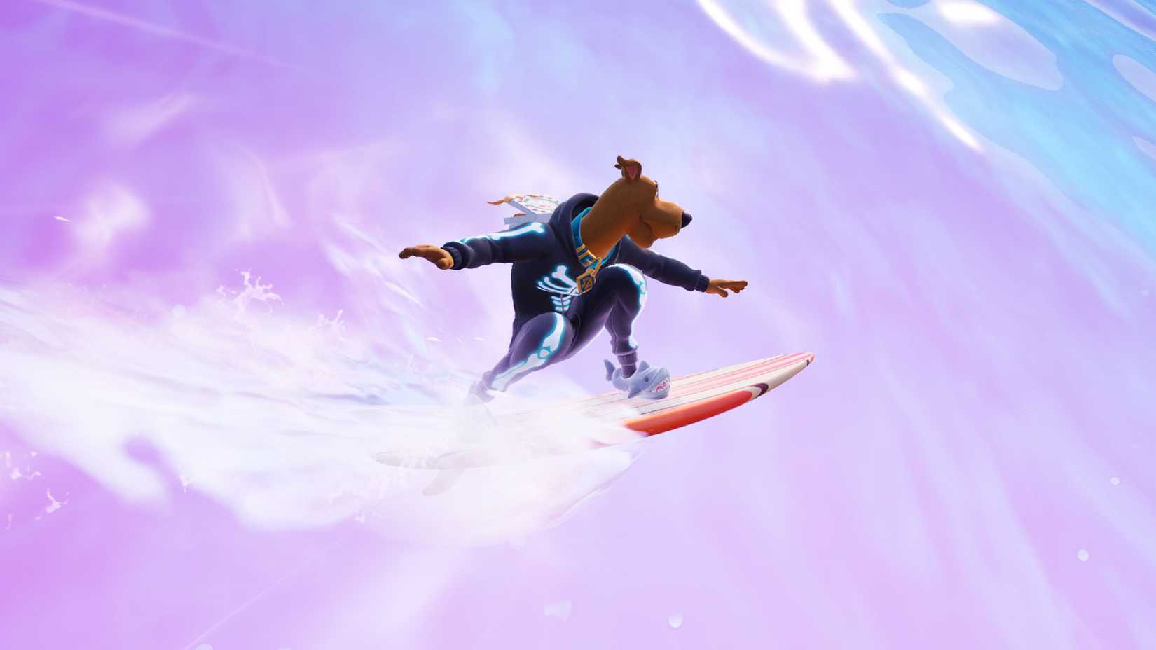 Scooby doo surfing a wave in Fortnite.