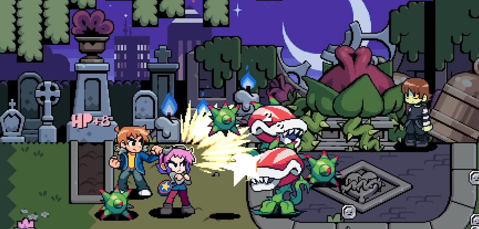 Scott Pilgrim fights plants in Scott Pilgrim EX.