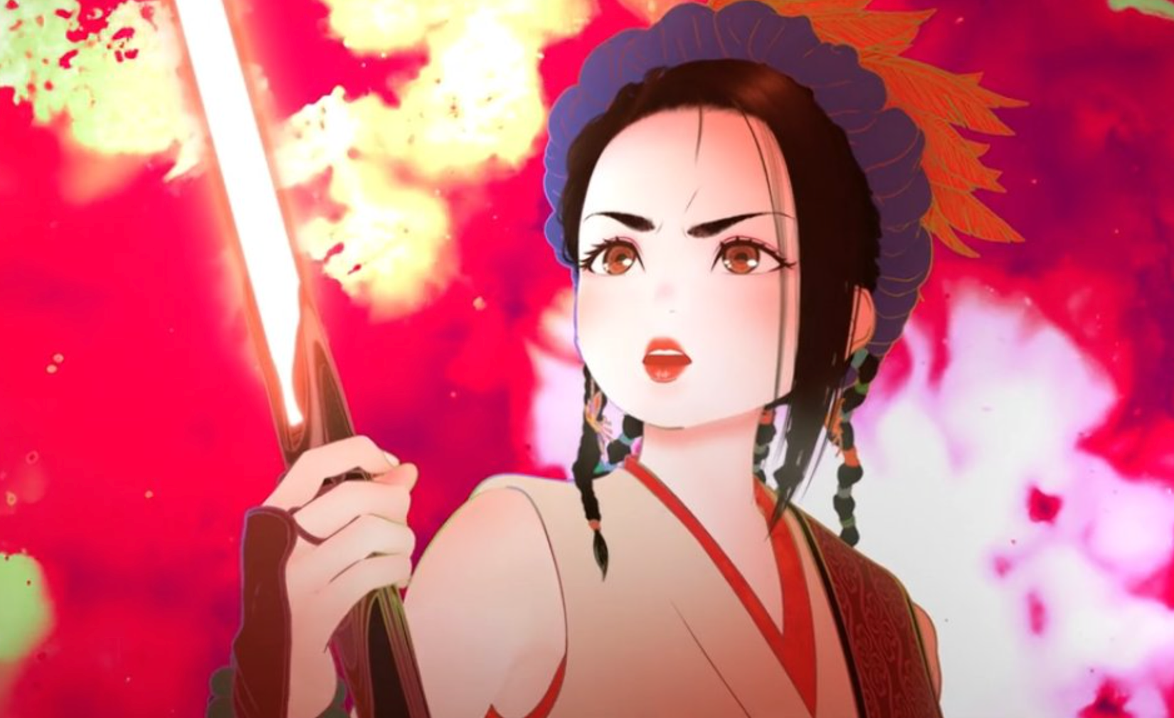 Star Wars Visions: Jedi Padawan holds a lightsaber against a bright red backdrop