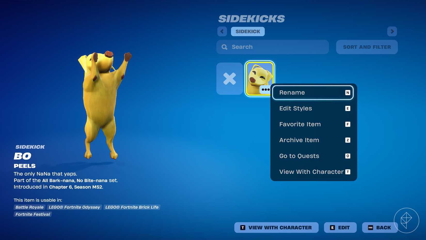 The Sidekick renaming menu in Fortnite.