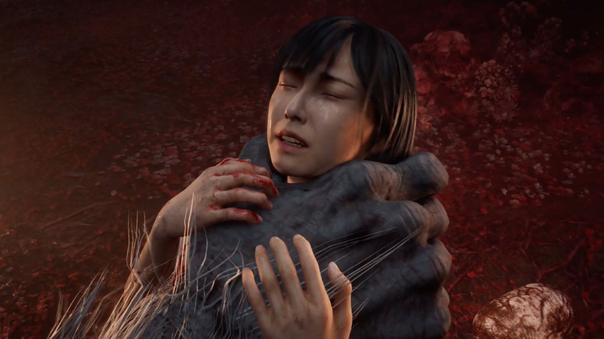 Silent Hill f protagonist Hinako is grabbed by a monster with massive claws, lifting her right off her feet.