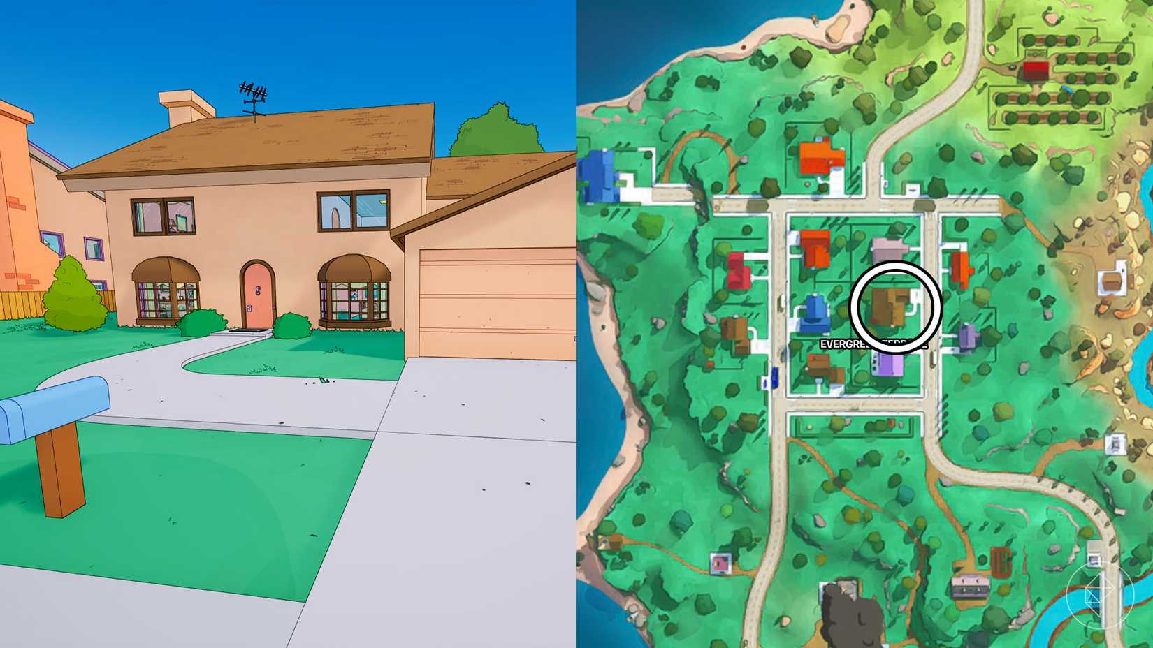 Uma imagem dividida mostrando a casa dos SImpsons e onde ela está localizada no mapa Fortnite.