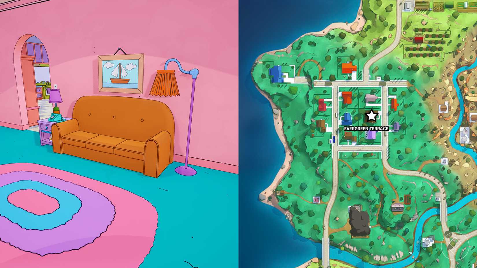 The Simpsons' couch as it appears in Fortnite along with where it's located on the Fortnite map.