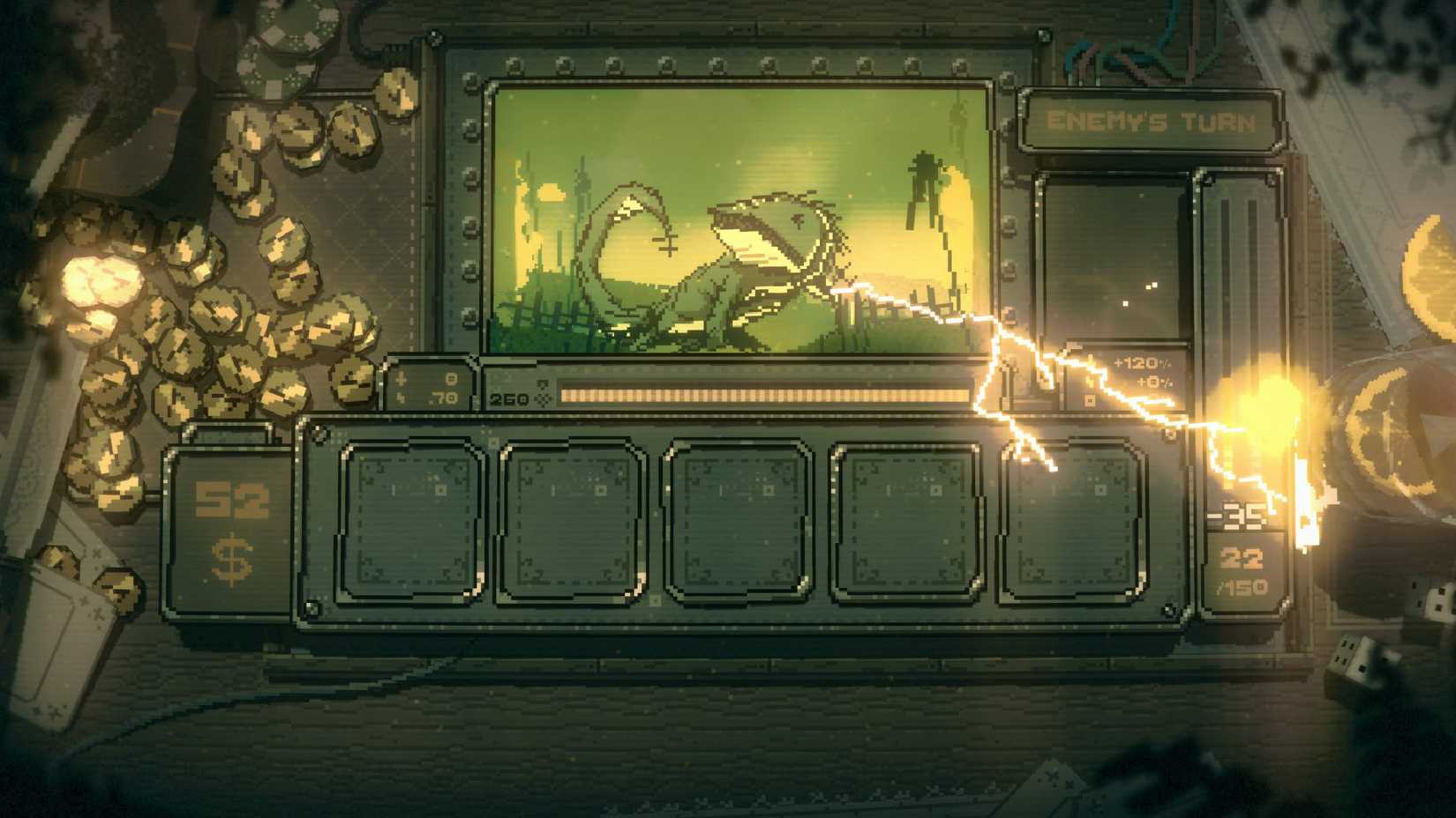 Slots and Daggers Lizard creature shooting an electric beam at the player