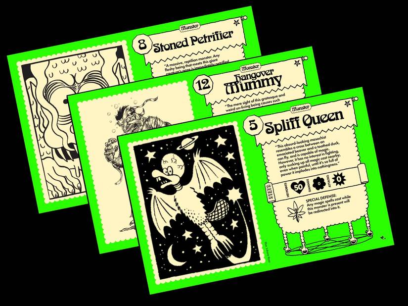 Three green cards depicting monsters and their stat blocks for the Drunkards, Druggies, & Delinquents game.