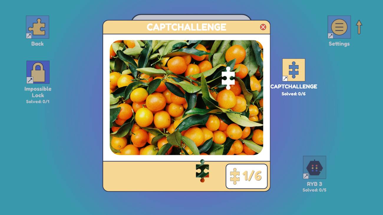 A captcha-style puzzle featuring stock art of oranges from Strange Jigsaws