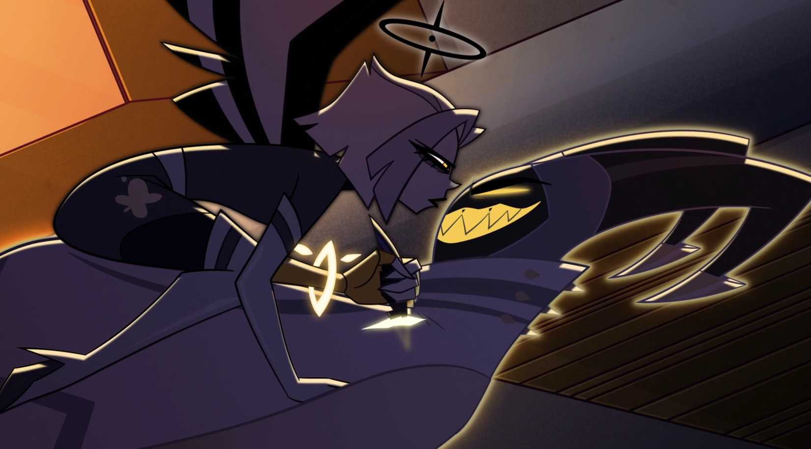 Lute, a white-haired angel, perches on the chest of Adam, a masked angel, and clings to a sharp shard of stone embedded in his chest in the song 