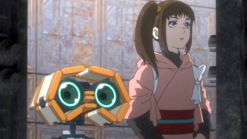 The droid Teto and the young Jedi Kara stand in a spaceship in Star Wars Visions The Ninth Jedi: Child of Hope