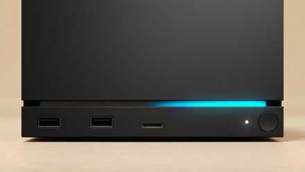 steam machine close up on LED strip, power button and ports