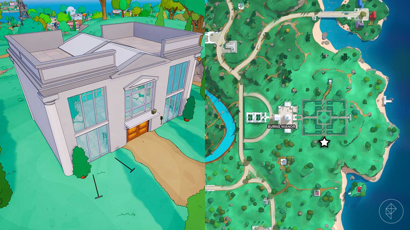 A building with rakes found outside of Burns Manor in Fortnite.
