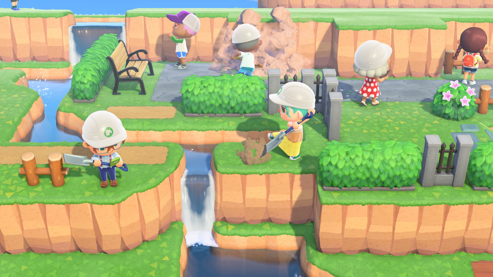 A Villager digs for dirt near a waterfall in Animal Crossing New Horizons