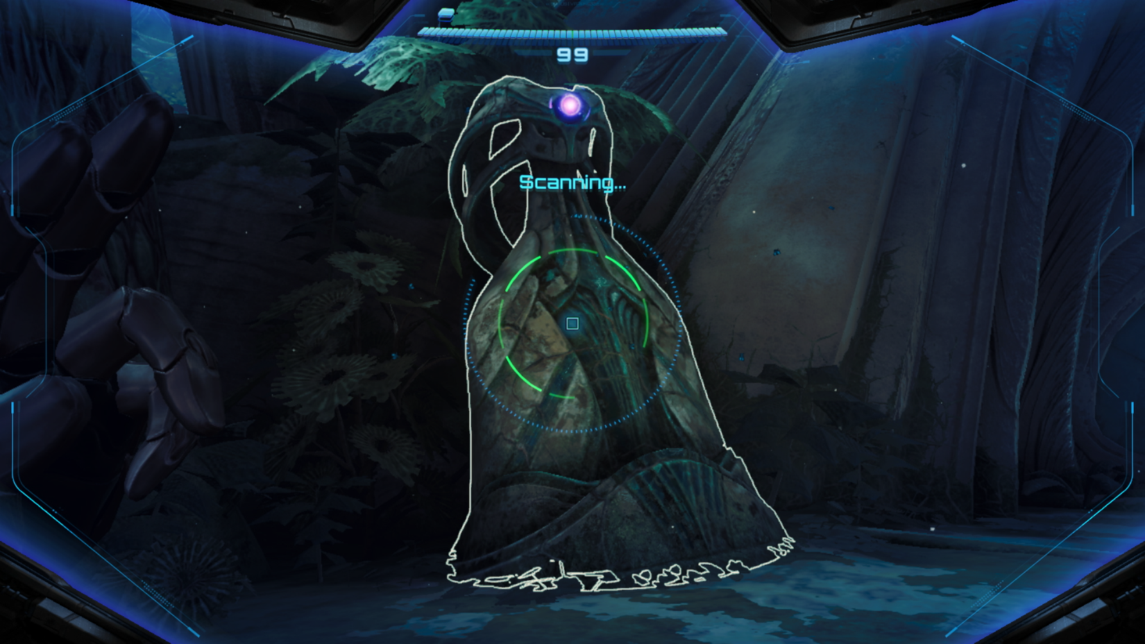 Samus uses the scan visor on a statue in Fury Green in Metroid Prime 4
