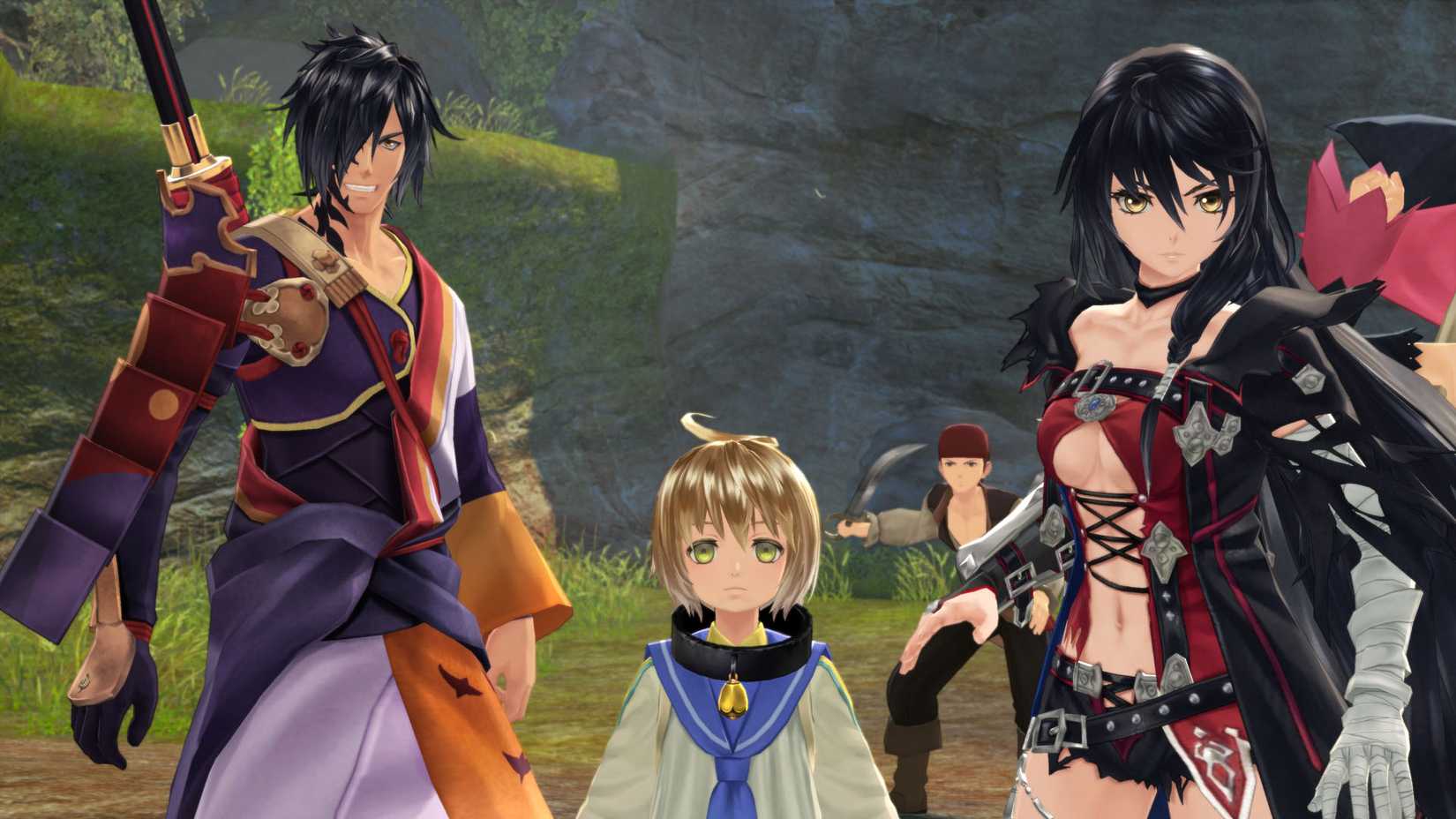 An official Tales of Berseria Remastered screenshot showing Velvet, Laphicet, and Rokurou