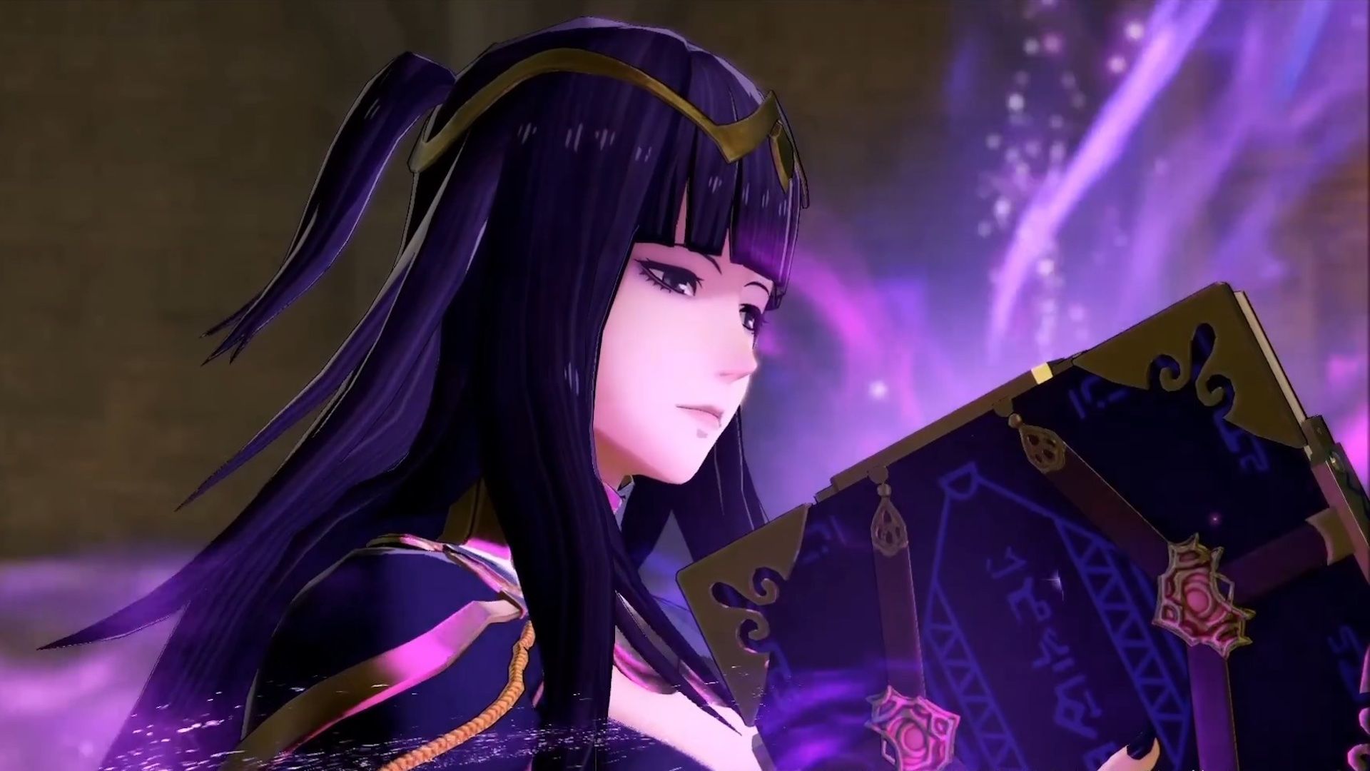 Tharja consulting a spellbook from Fire Emblem Warriors
