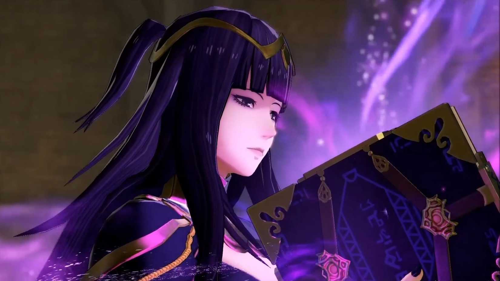 A screenshot of Tharja consulting a spellbook from Fire Emblem Warriors