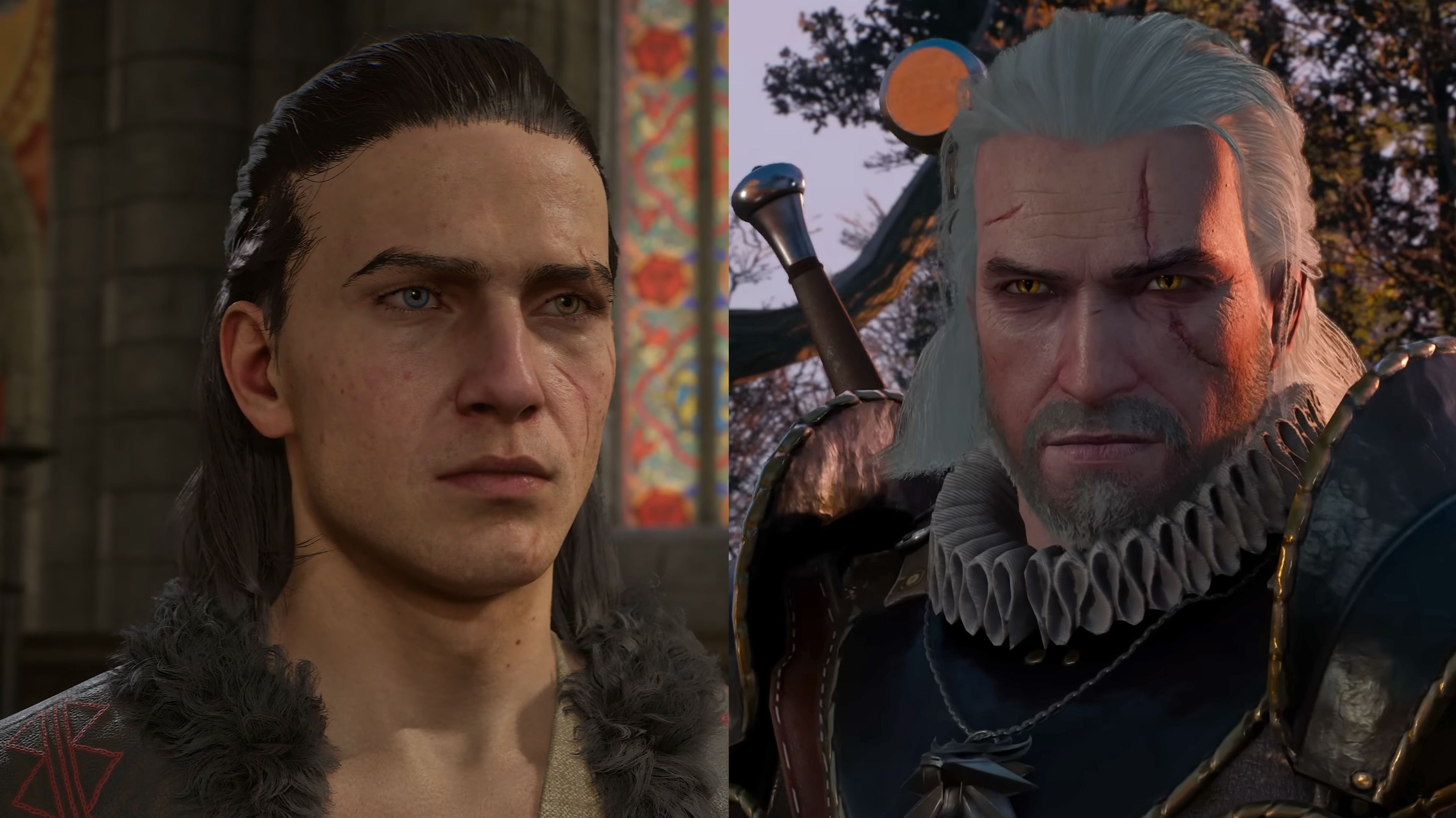 Coen and Geralt, the protagonists of The Blood of Dawnwalker and The Witcher 3.