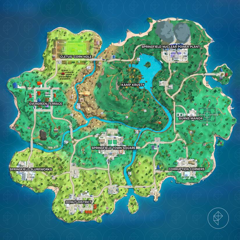 The map of Springfield Island from Fortnite Chapter 6 Mini Season 2.