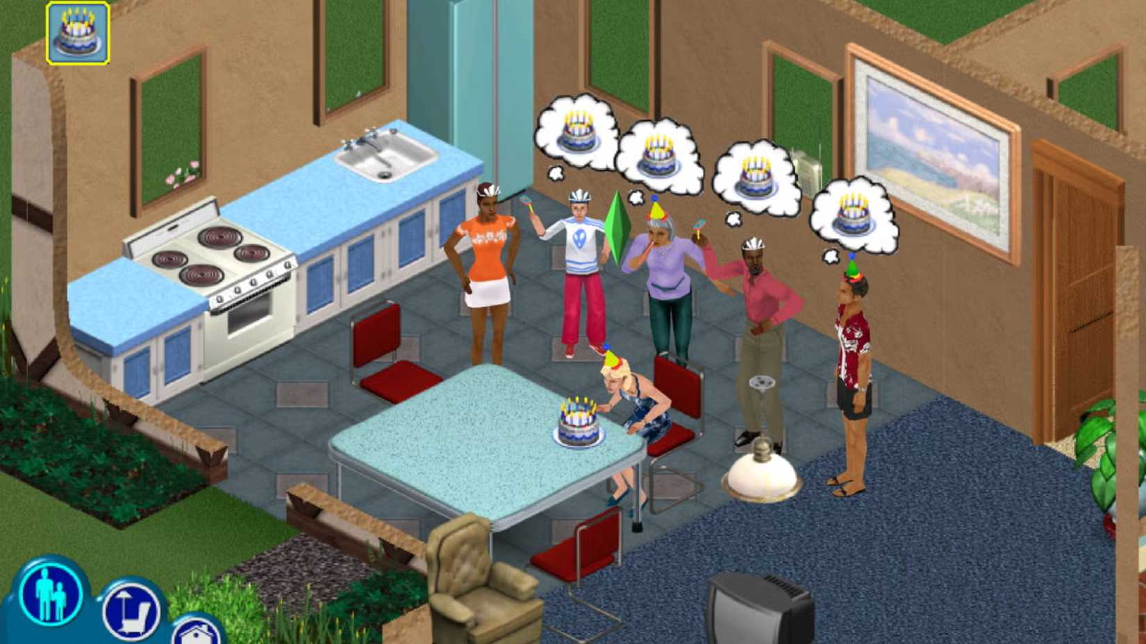 Five Sims stand around a cake, celebrating a sixth Sim's birthday.