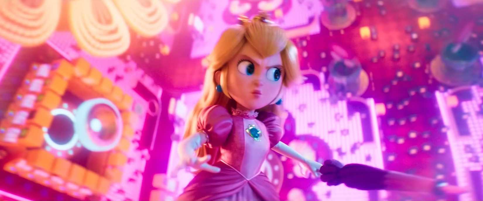 Princesa Peach faz uma careta e empunha um guarda-chuva rosa na frente de um fundo rosa neon no trailer do filme Super Mario Galaxy 