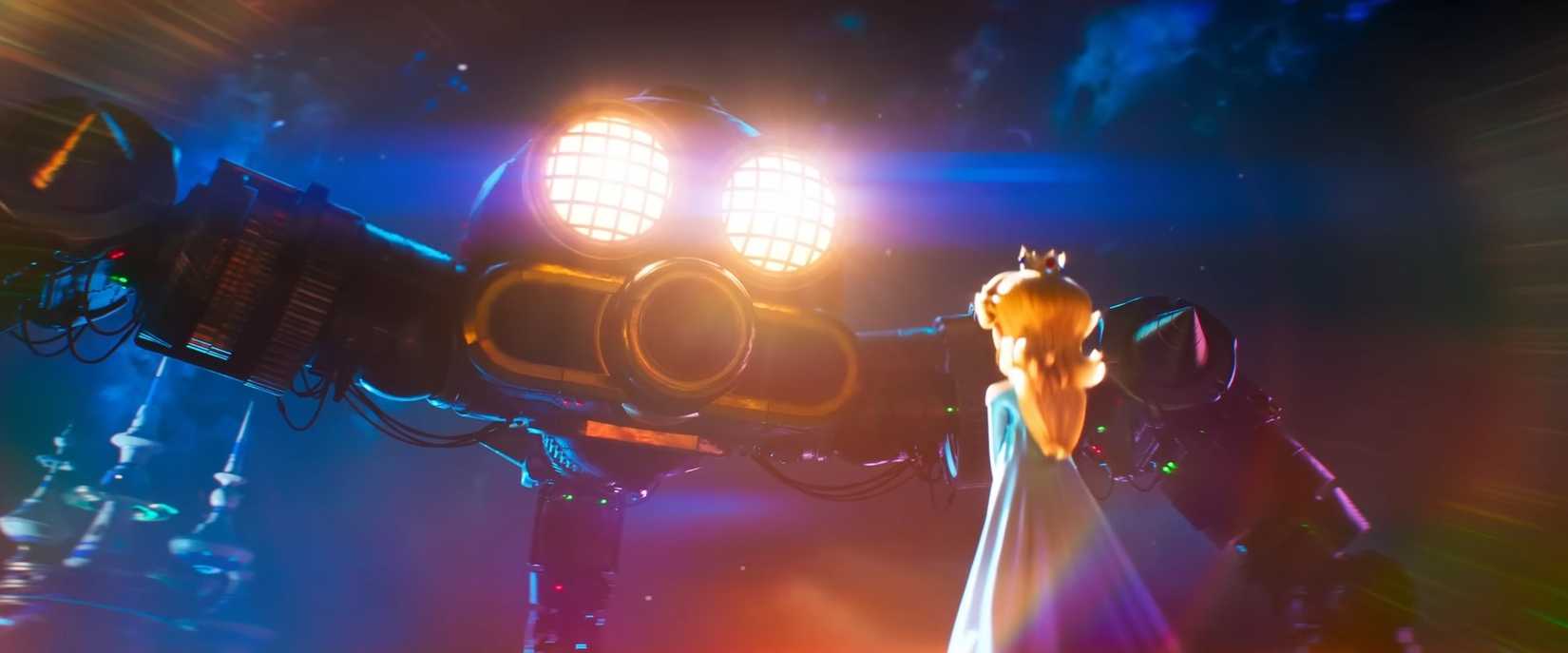 Princesa Rosalina fica de costas para a câmera e enfrenta o Megaleg de Super Mario Galaxy no trailer do filme Super Mario Galaxy