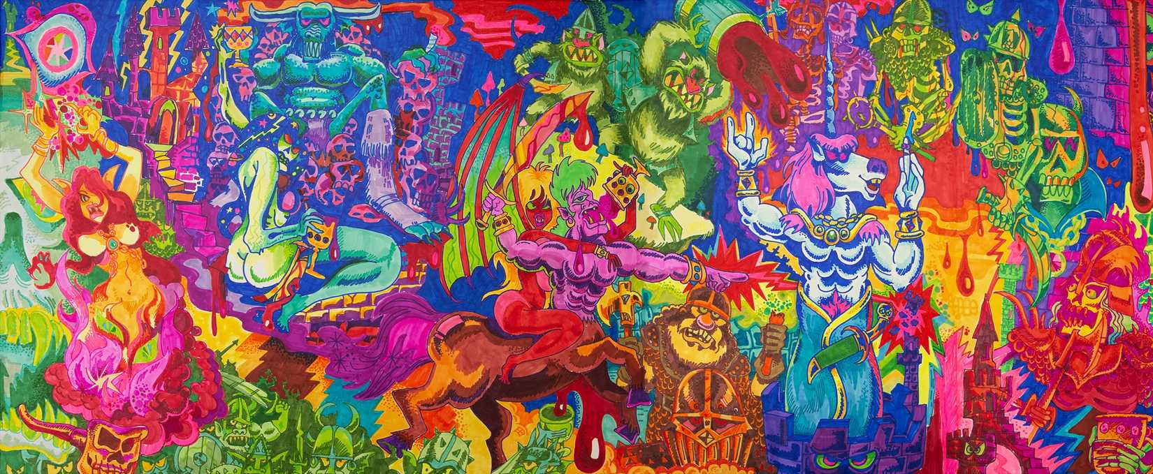 Psychedelic art from Todd James used for the Drunkards, Druggies, & Delinquents deluxe set DM screen