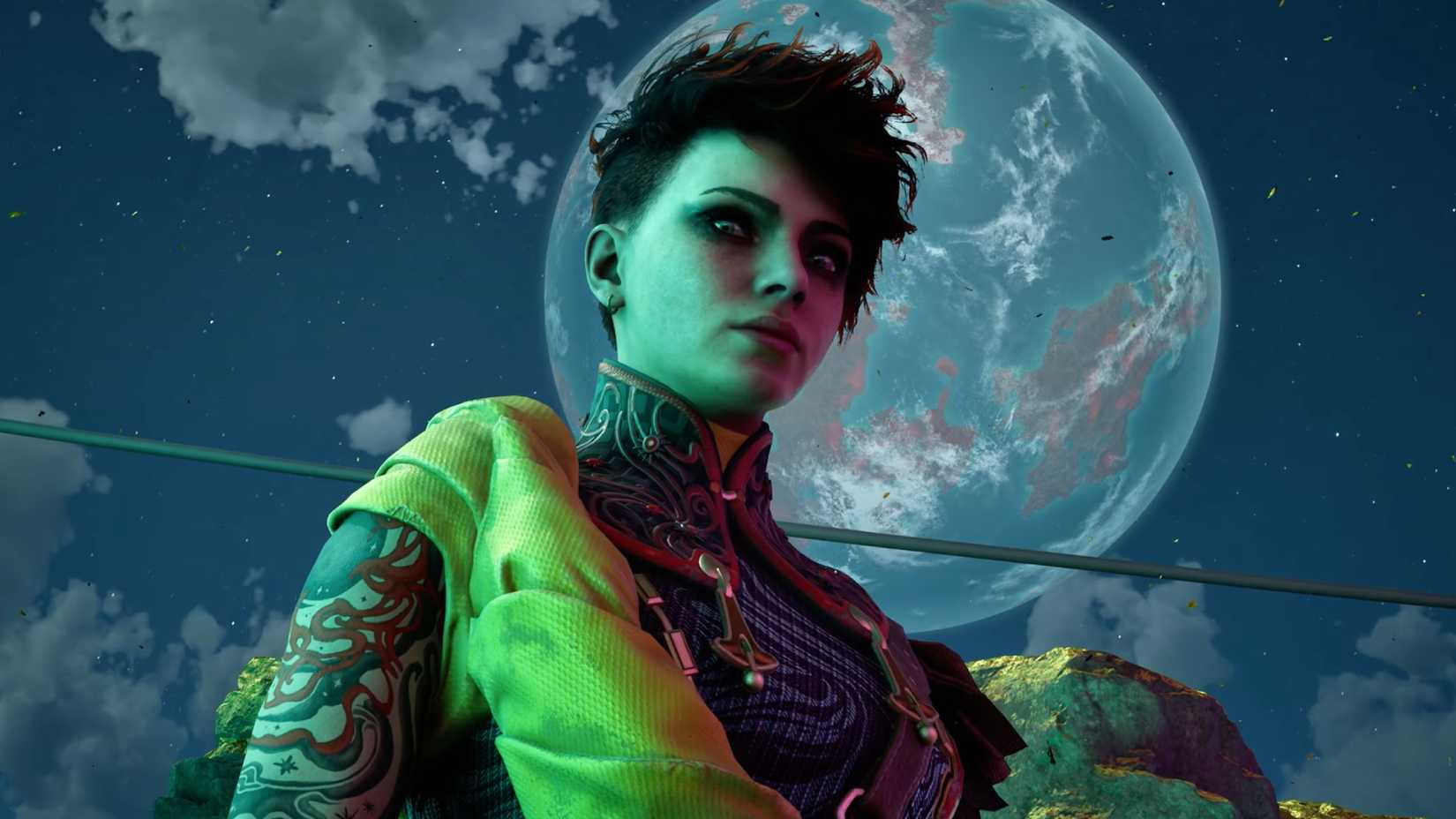 Aza stares down at the camera, with the moon looming in the sky behind her.