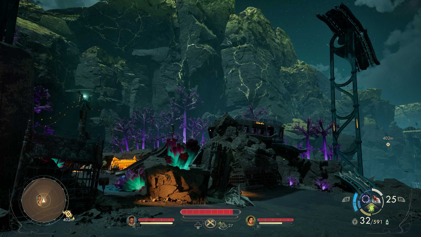 A screenshot from The Outer Worlds 2, showing colorful rock formations with crystals growing out of them.