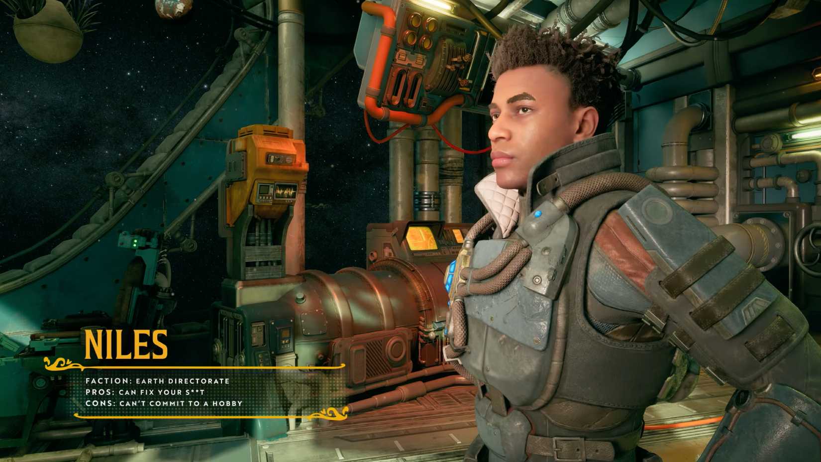 Niles stares off to the left, hands on hips.