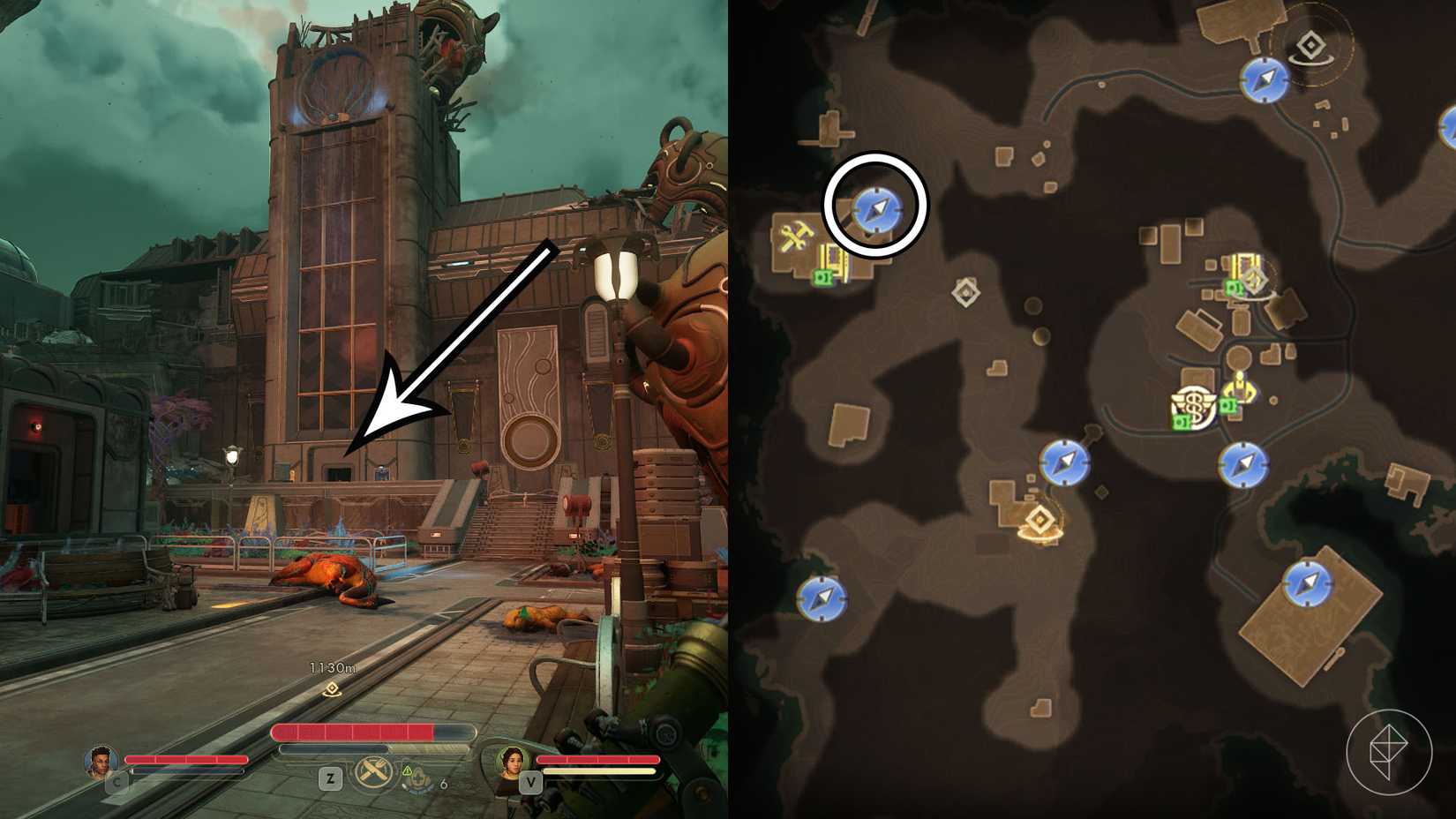 A montage of two The Outer Worlds 2 screenshots showing the location of the Automech Repair Center access pass