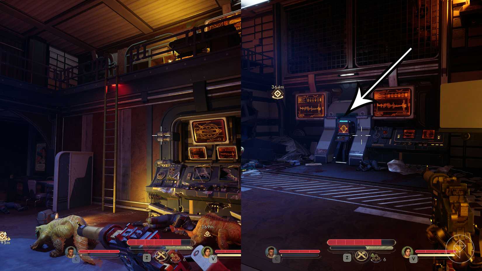 A montage of two The Outer Worlds 2 screenshots showing the location of Euphoria Coast Automech Repair Center access pass