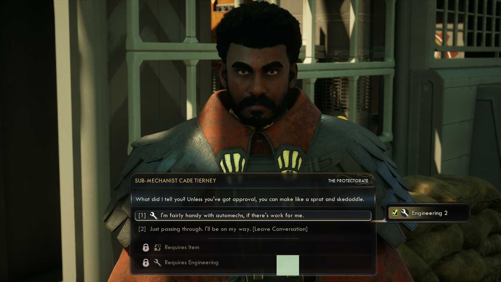 A The Outer Worlds 2 screenshot showing the dialogue with Sub-Mechanist Cade Tierney when you only have Engineering 2.
