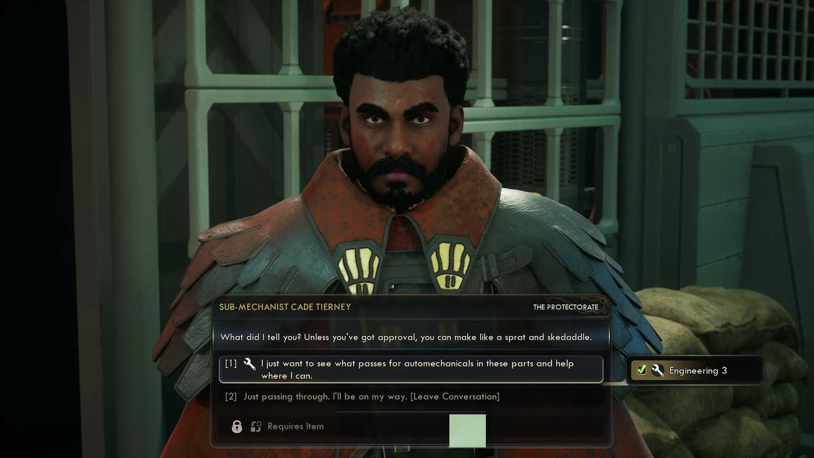 A The Outer Worlds 2 screenshot showing  Sub-Mechanist Cade Tierney and the dialogue options available if you have the Engineering skill at level 3