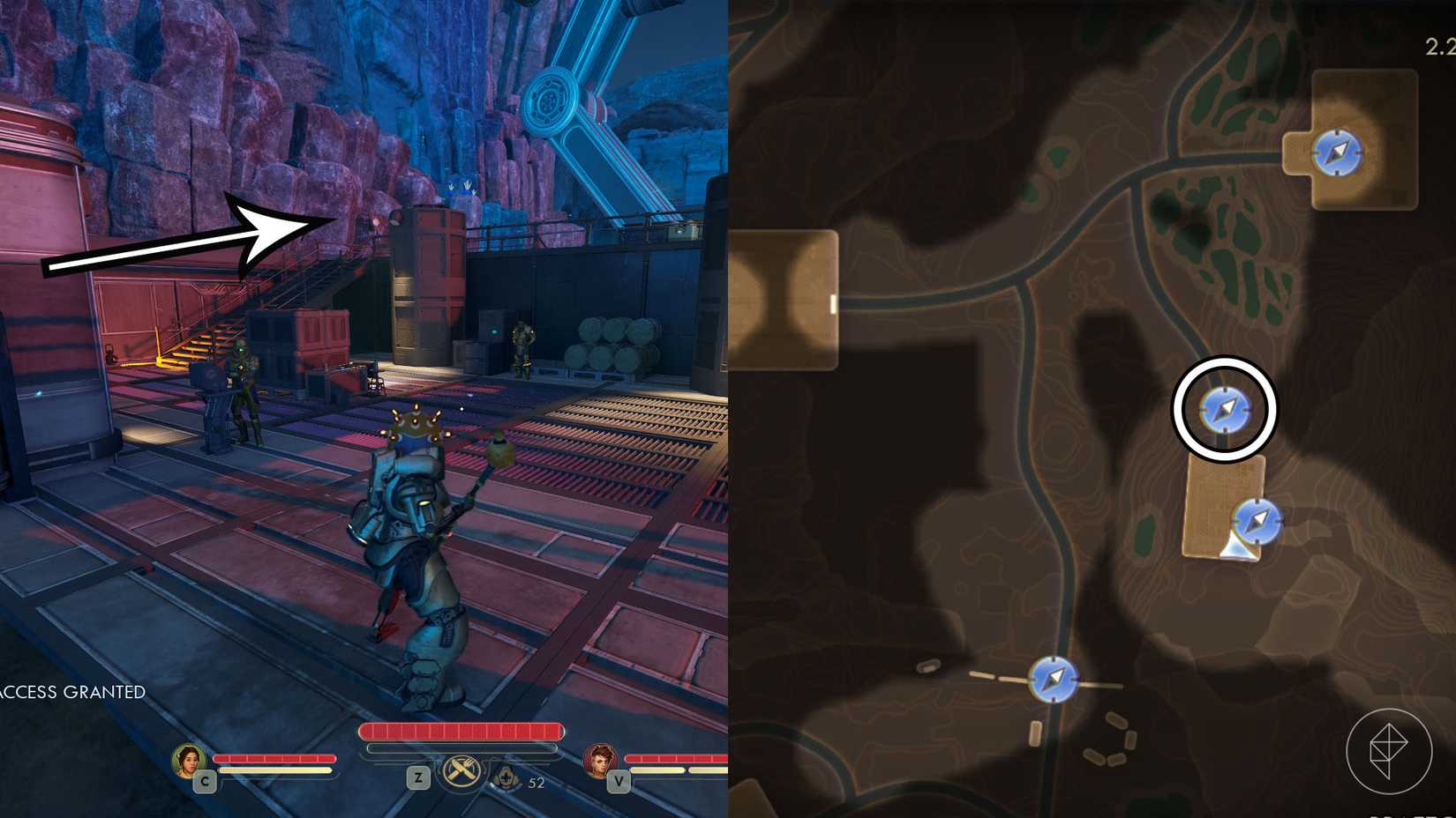 A montage of two The Outer Worlds 2 screenshots showing the location where you meet Exemplar Simon in Praetor