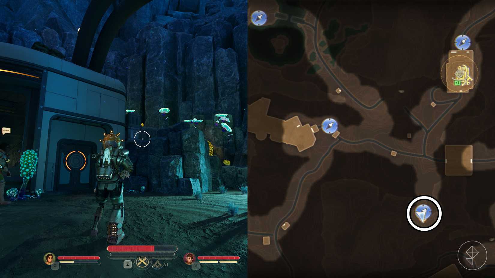 A montage of two The Outer Worlds 2 screenshots showing the location of the central lightning rod tower in Praetor