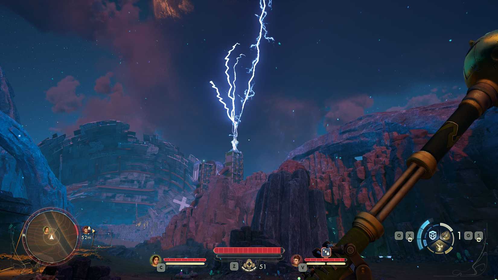 A The Outer Worlds 2 screenshot showing lightning being attracted to a lightning rod tower in Praetor
