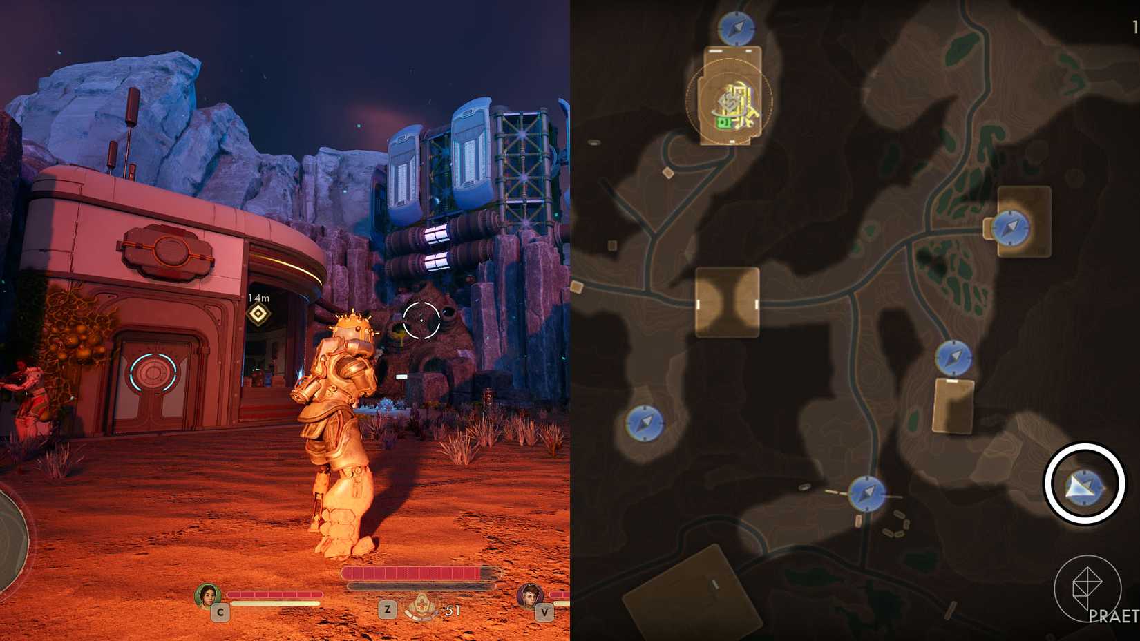 A montage of two The Outer Worlds 2 screenshots showing the location of the southeast lightning rod tower