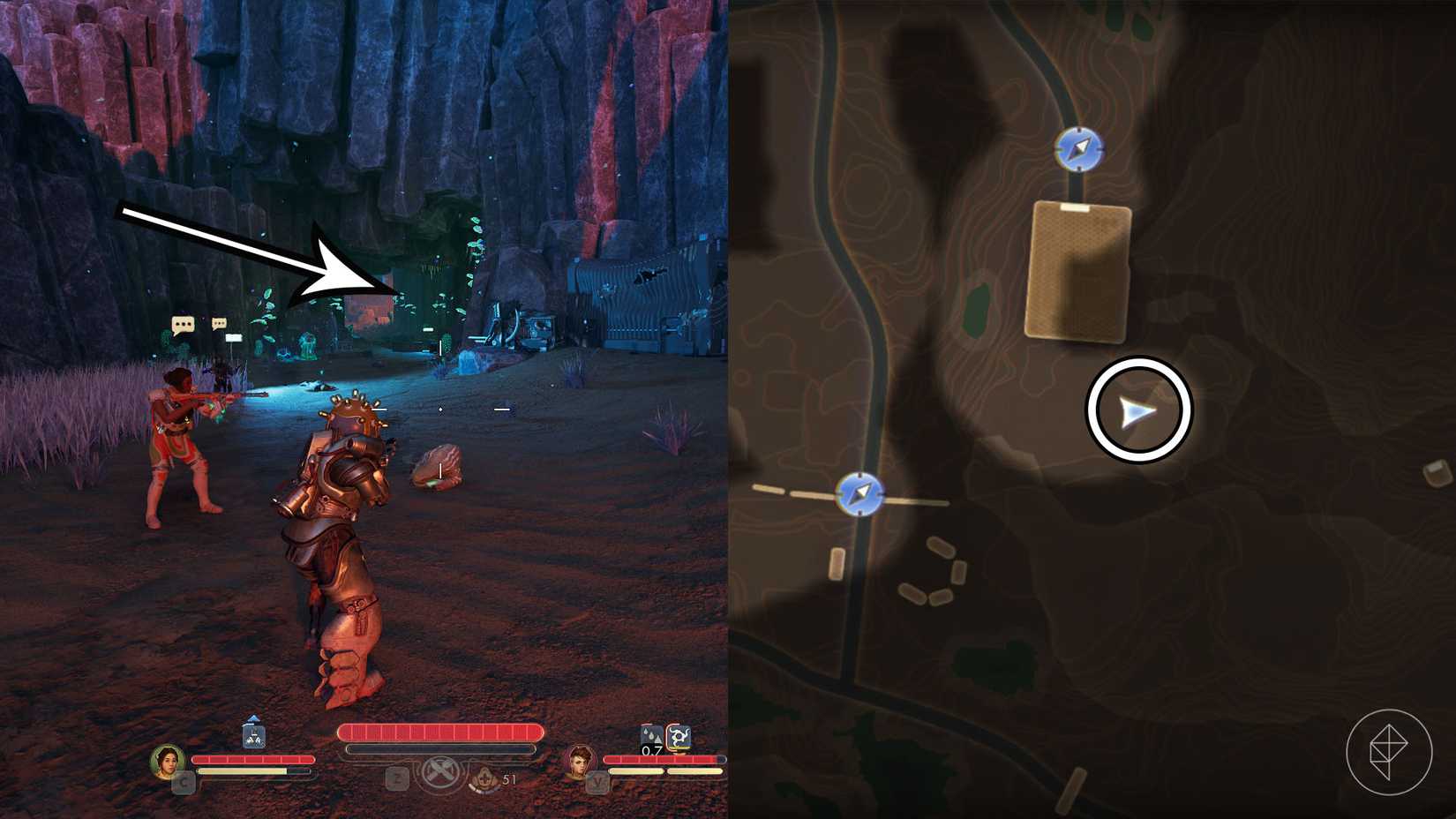 A montage of two The Outer Worlds 2 screenshots showing the location of the tunnel you must use to find the southeast lightning rod tower