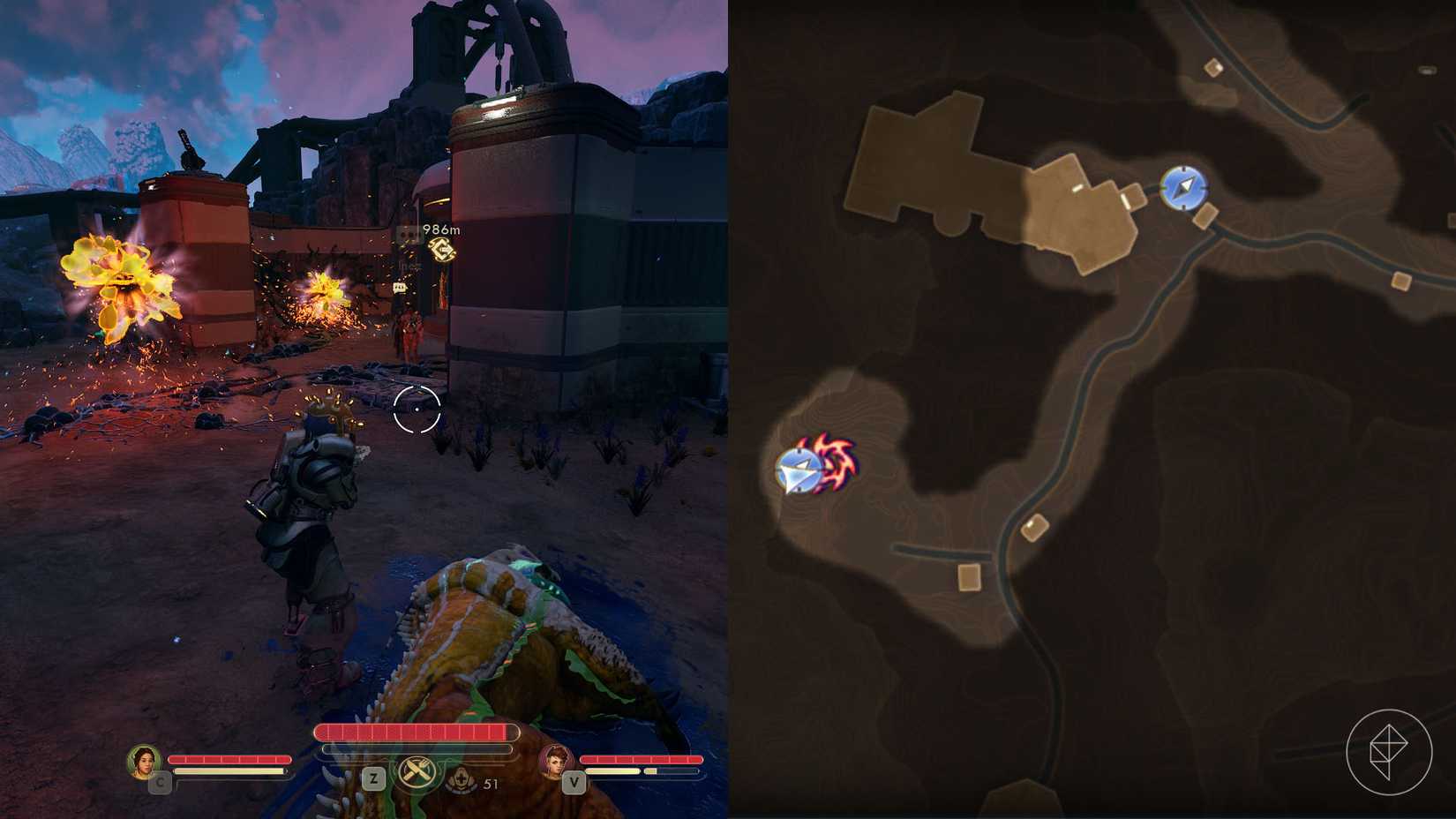 A montage of two The Outer Worlds 2 screenshots showing the location of the southwest lightning rod tower