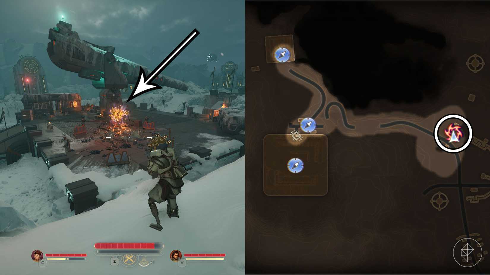 A montage of two The Outer Worlds 2 screenshots showing the location of one rift anomaly in Cloister