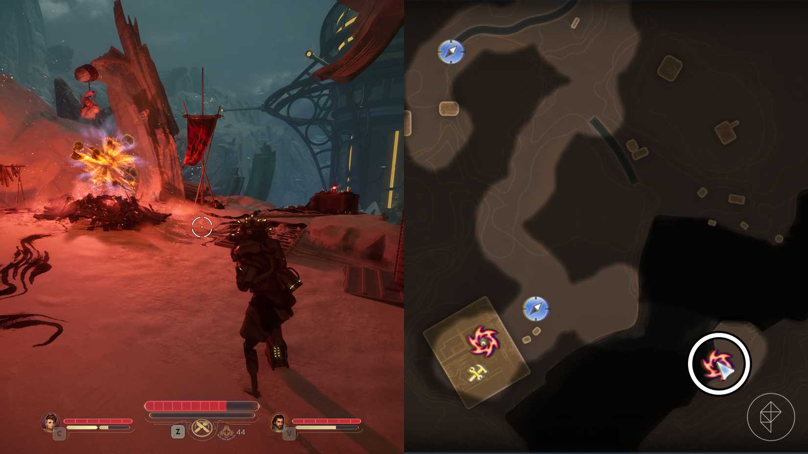 A montage of two The Outer Worlds 2 screenshots showing the location of one rift anomaly in Cloister