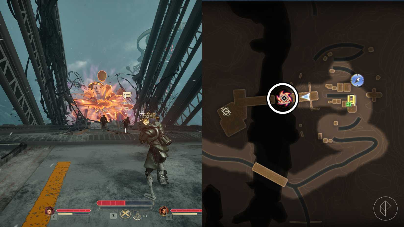 A montage of two The Outer Worlds 2 screenshots showing the location of one rift anomaly in Cloister