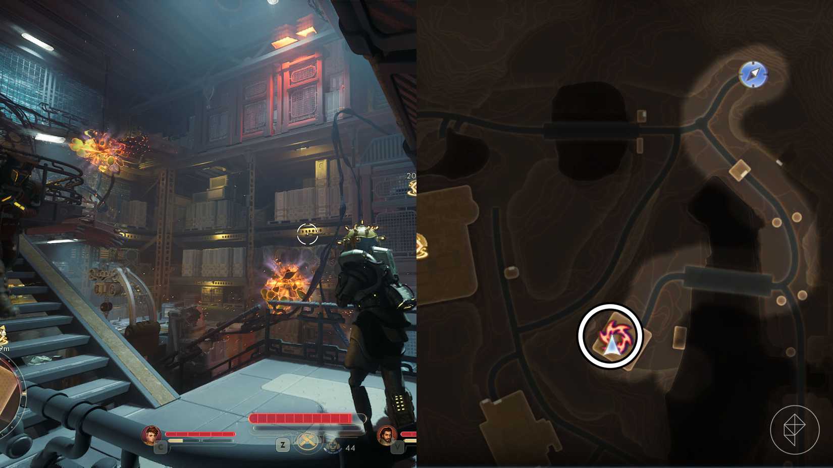A montage of two The Outer Worlds 2 screenshots showing the location of two rift anomalies in Cloister