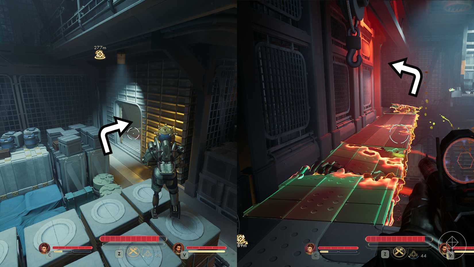 tow2_guide_rift_anomaly_cloister_5_path-A montage of two The Outer Worlds 2 screenshots showing the path you need to follow after activating the first rift Cloister