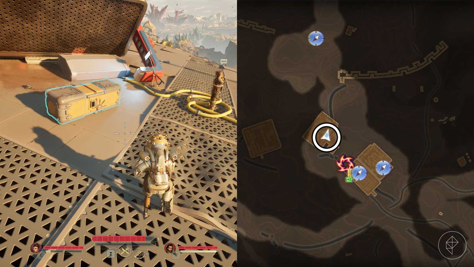 A montage of two The Outer Worlds 2 screenshots showing the location of the loot you reach only using a rift anomaly in Golden Ridge